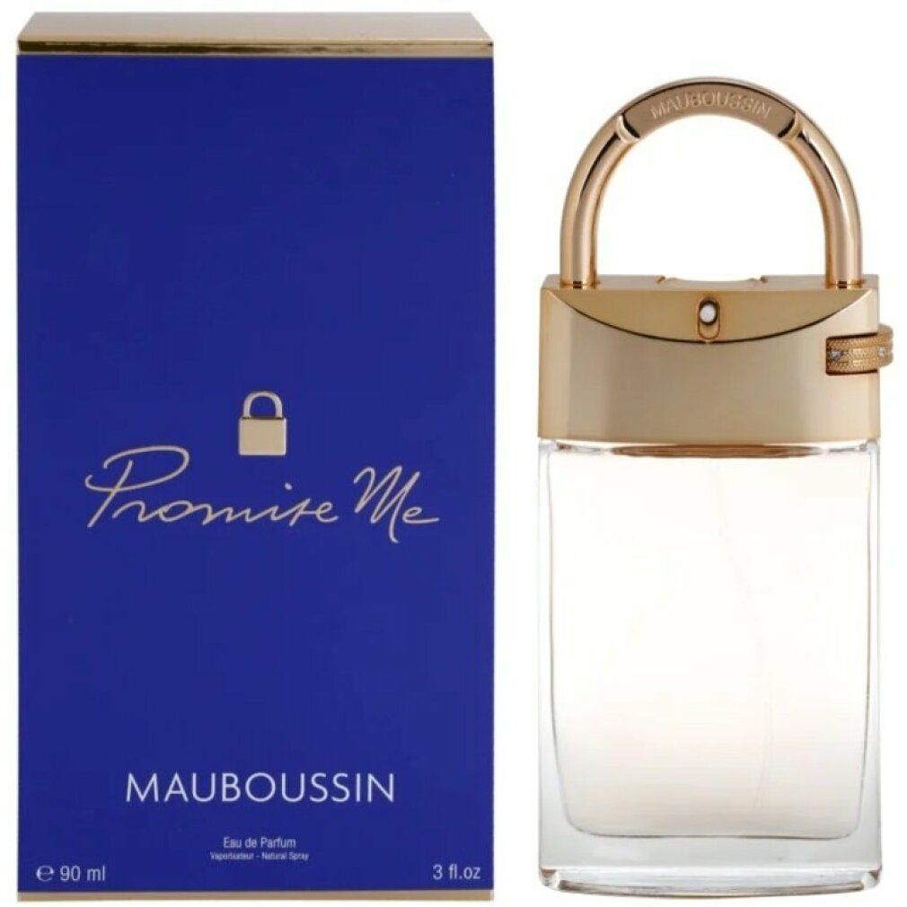 Fles en verpakking. Fles met gouden sluiting. Opschrift: Promise Me, Mauboussin. Blauwe verpakking.