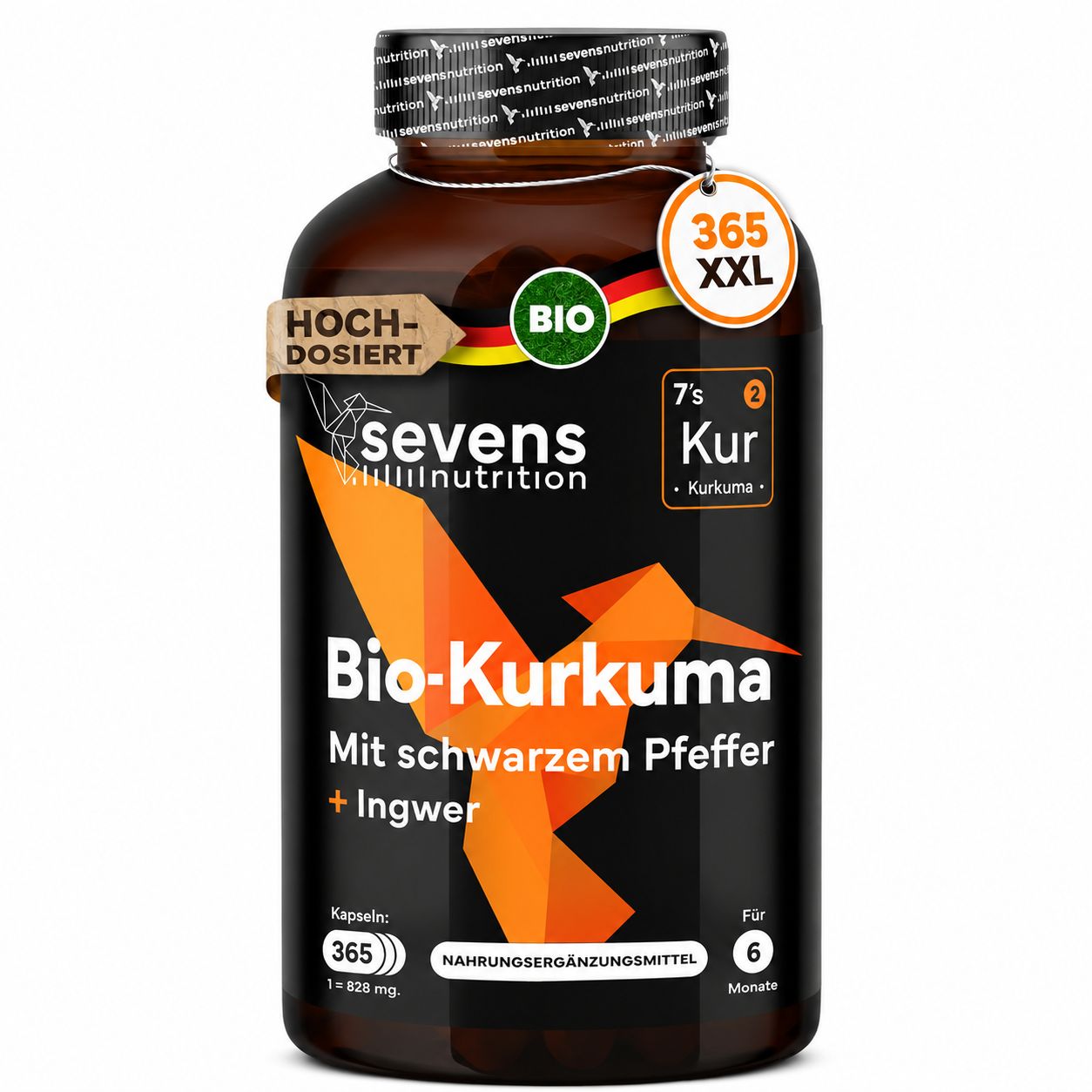 Bruine pot met biologische kurkuma capsules, 365 capsules, hoog gedoseerd, met zwarte peper en gember.