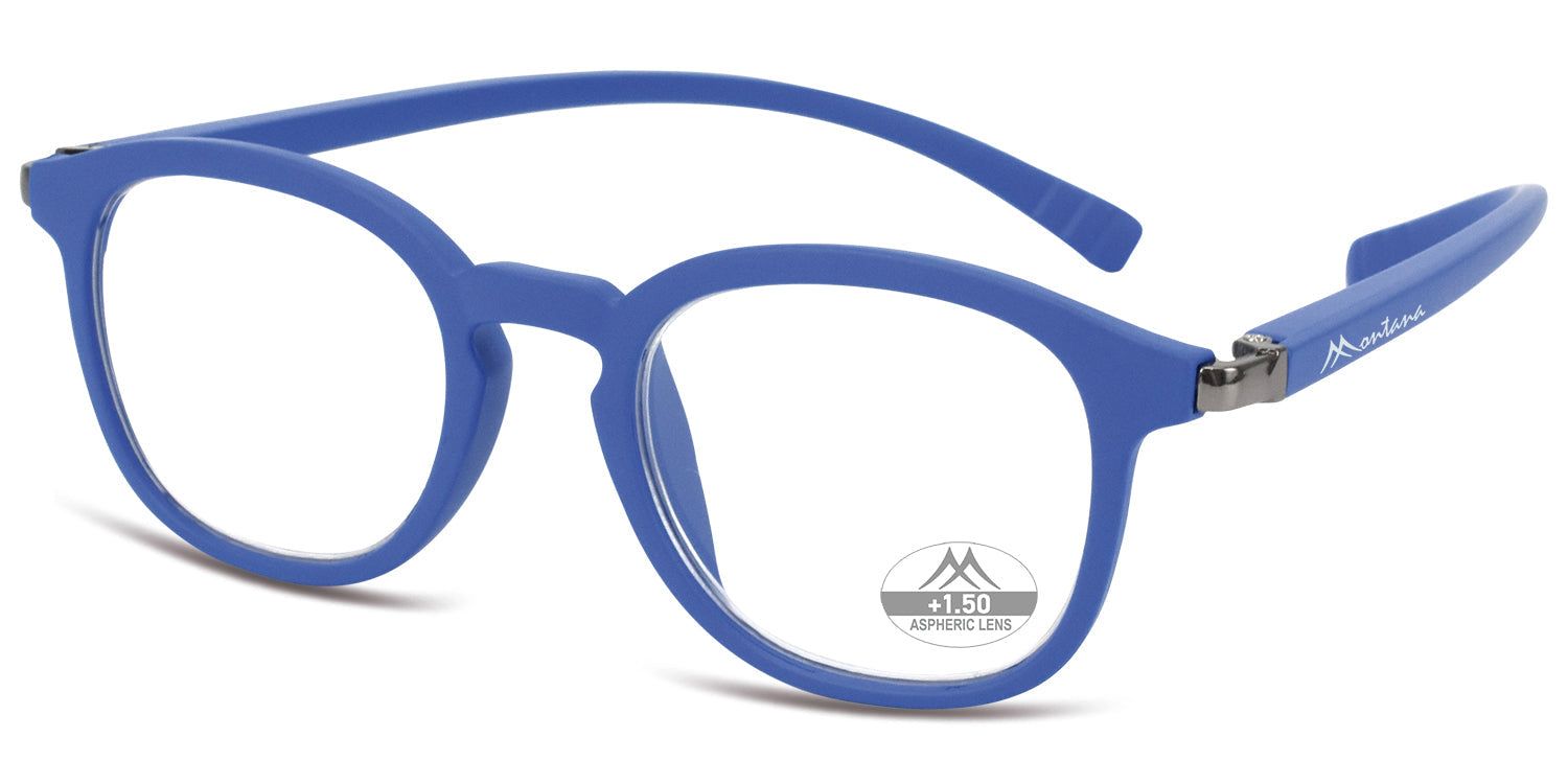 Lunettes bleues avec verres ronds. "+1.50 ASPHERIC LENS" sur une lentille. Nom de la marque sur la branche.