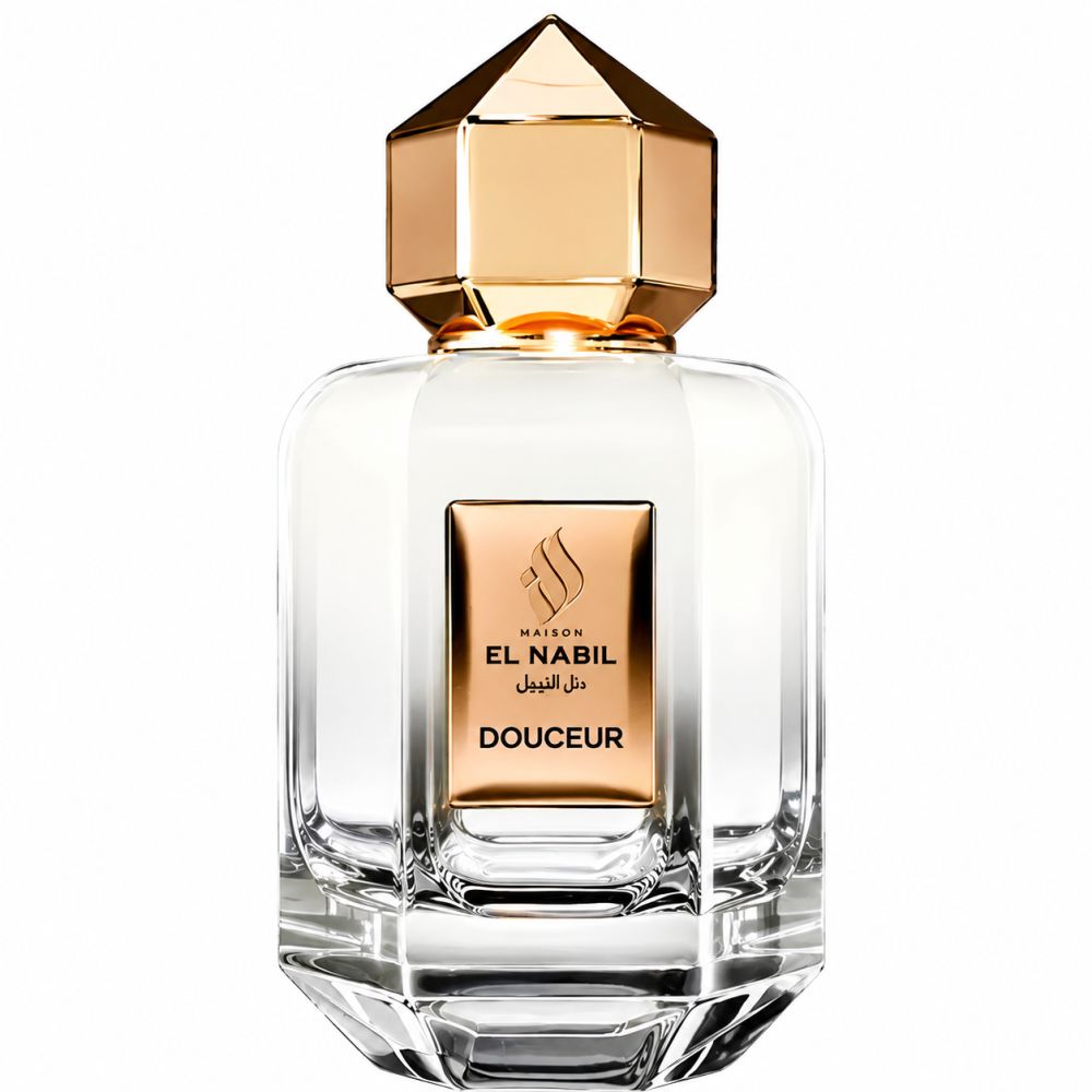 Glazen parfumfles met gouden dop. Etiket met 'MAISON EL NABIL DOUCEUR'.