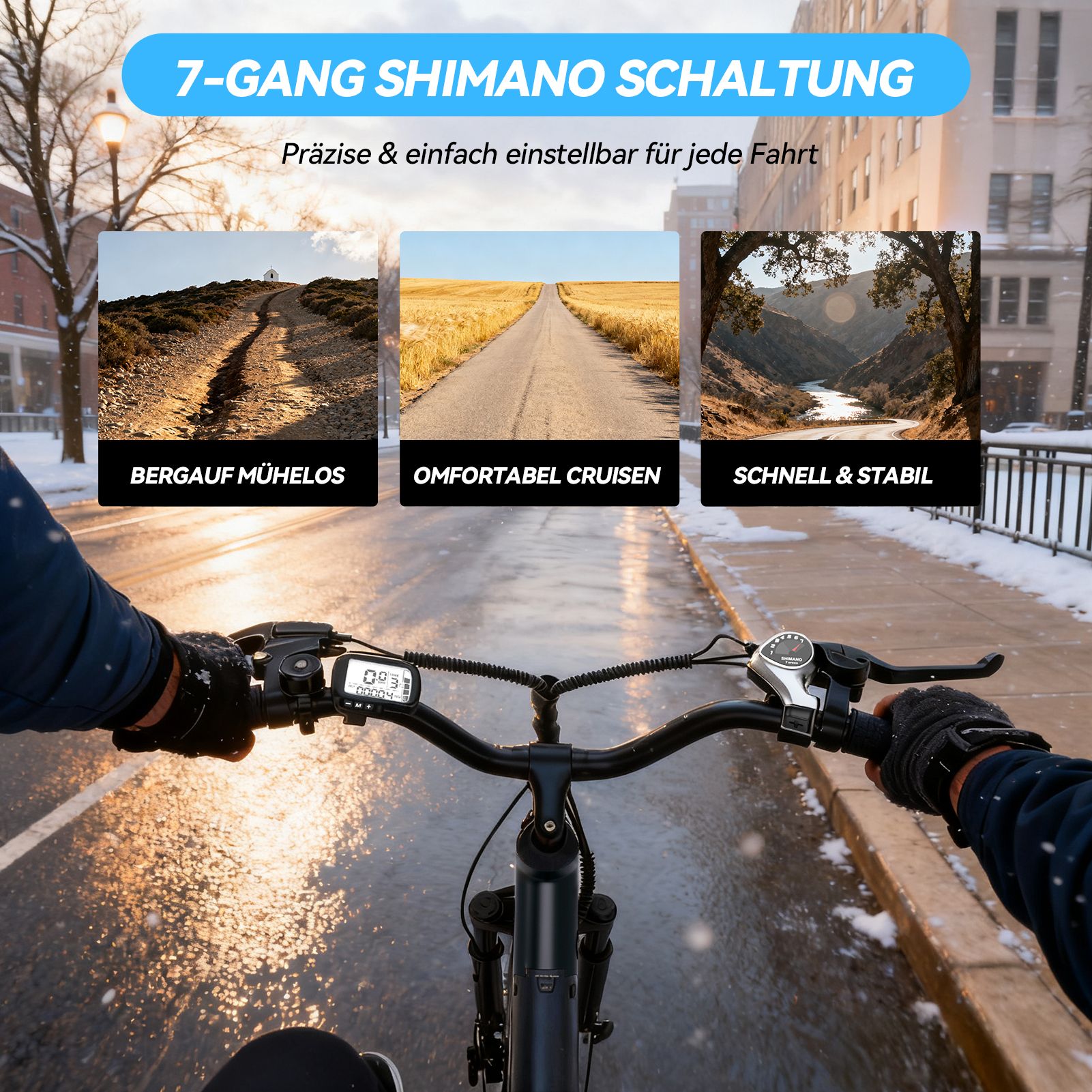Close-up van het stuur van een elektrische fiets. De tekst toont: 7-speed Shimano versnelling. De afbeeldingen tonen verschillende wegomstandigheden.