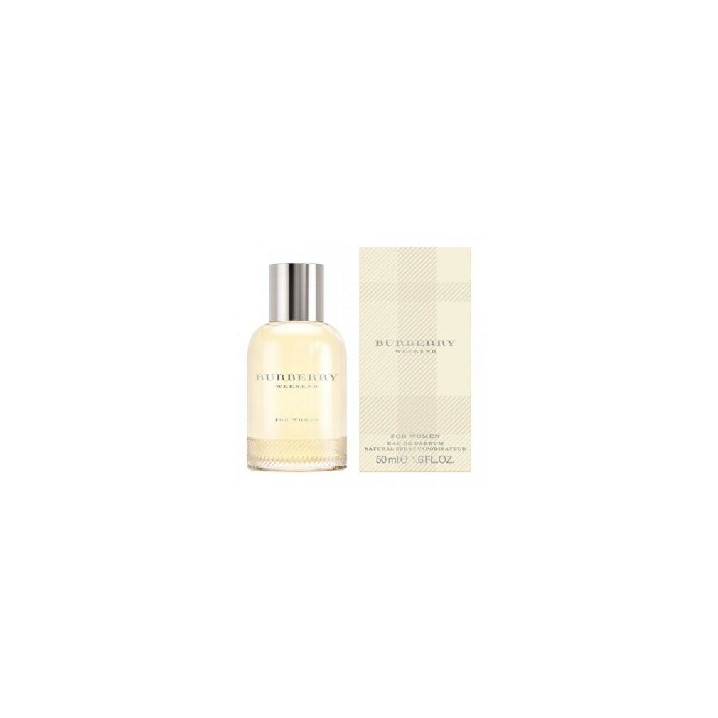 Burberry Weekend Eau de Parfum Spray pour femmes. Flacon et emballage avec logo et texte. 50ml.