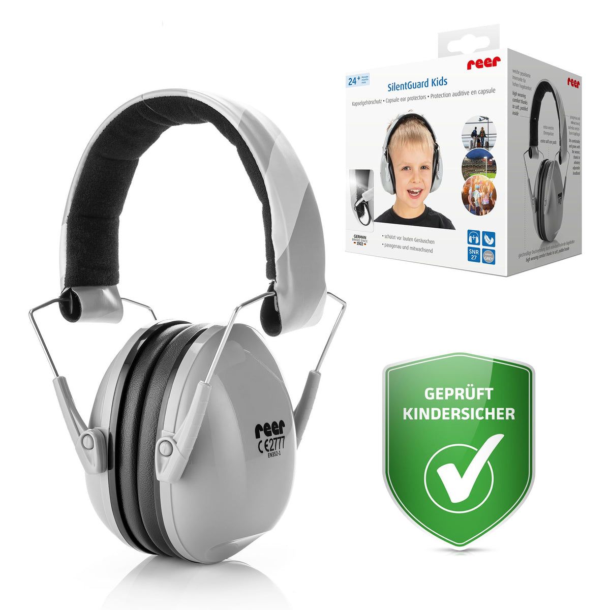 Casque antibruit gris, emballage et label de sécurité enfant. Marque : reer. CE2777.