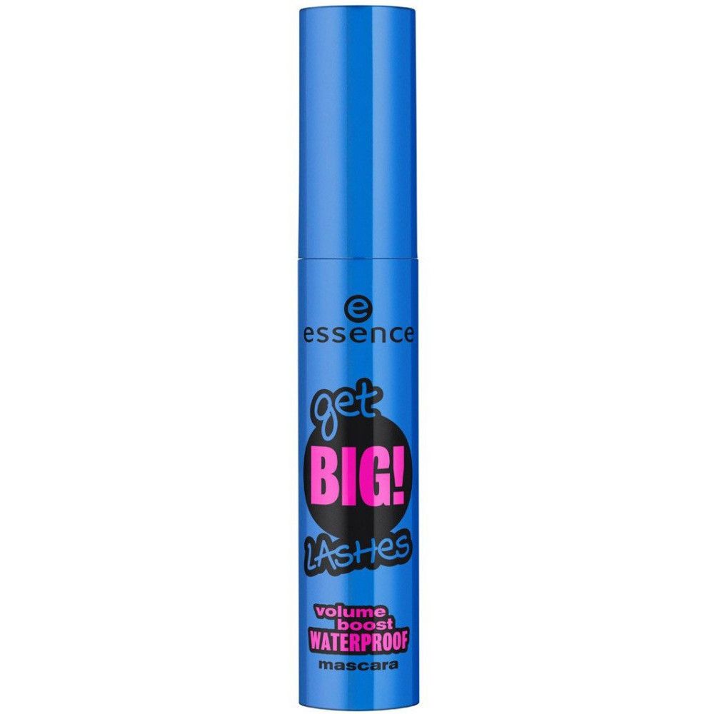 Tube de mascara bleu avec texte noir et rose. Inscription "essence get BIG! LASHES volume boost WATERPROOF mascara".