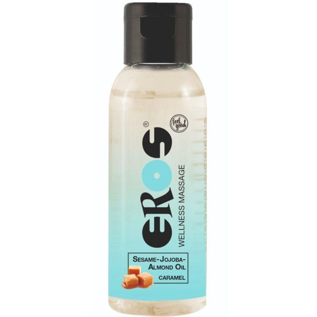 Flacon d'huile de massage EROS Caramel avec bouchon noir. Contient des huiles de sésame, de jojoba et d'amande.