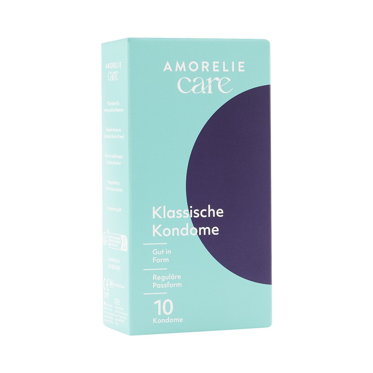 Paquet de préservatifs AMORELIE Care »Klassische Kondome«. 10 préservatifs. Texte: Gut in Form, Reguläre Passform.