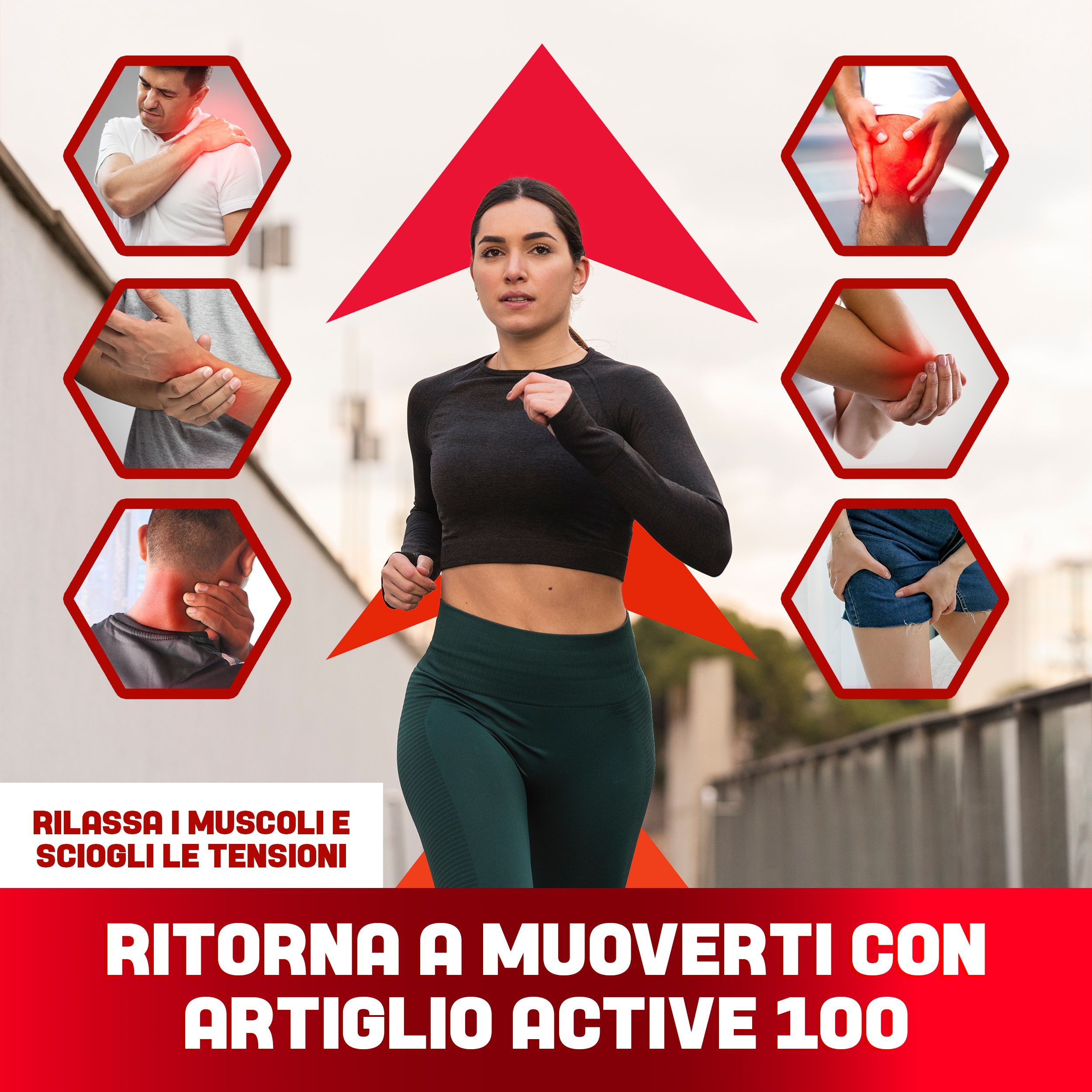 Vrouw rent. Rode pijlgrafiek. Tekst: Artiglio ACTIVE 100. Zes zeshoekige grafieken tonen lichaamsdelen.
