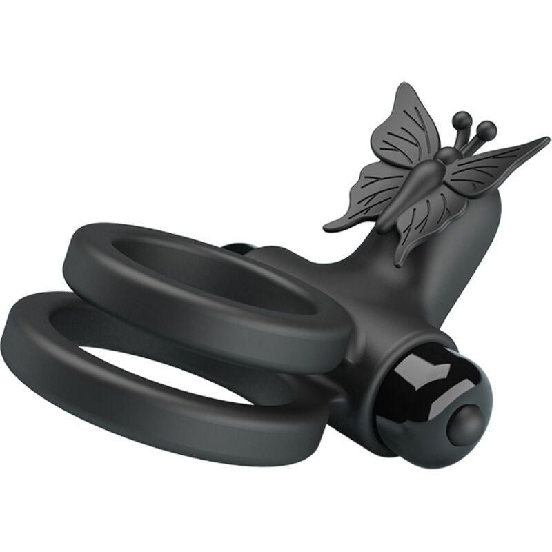 Zwarte dubbele penisring vibrator met vlinderdetail, van de zijkant.