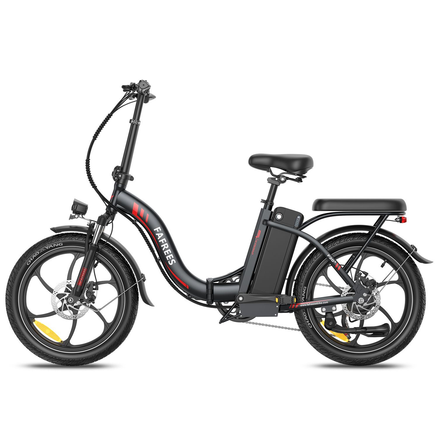 Vélo électrique pliable Fafrees F20+ noir. Visible : selle, porte-bagages, batterie, garde-boue, jantes avec liseré rouge.