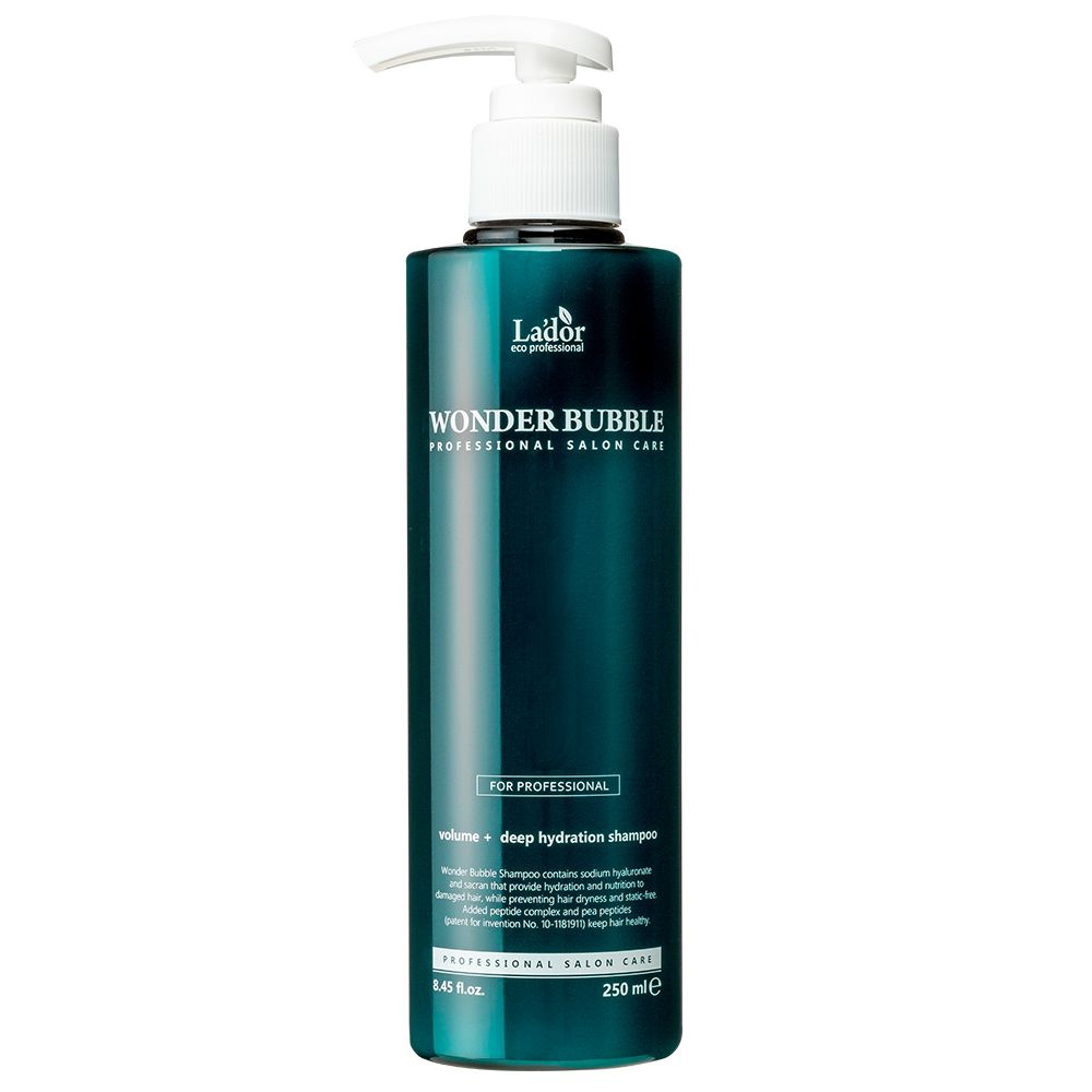 Donkergroene fles met pompdispenser, LADOR Wonder Bubble Shampoo Volume + Diepe Hydratatie, 250 ml.