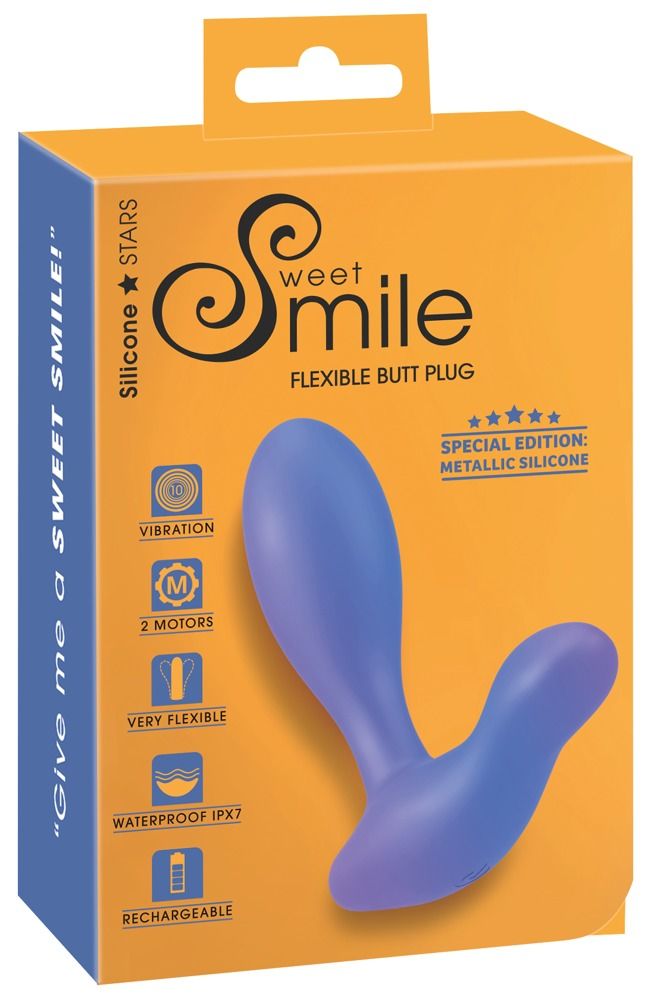 Emballage du vibrateur anal Sweet Smile, bleu, avec caractéristiques produit comme vibration et étanchéité.