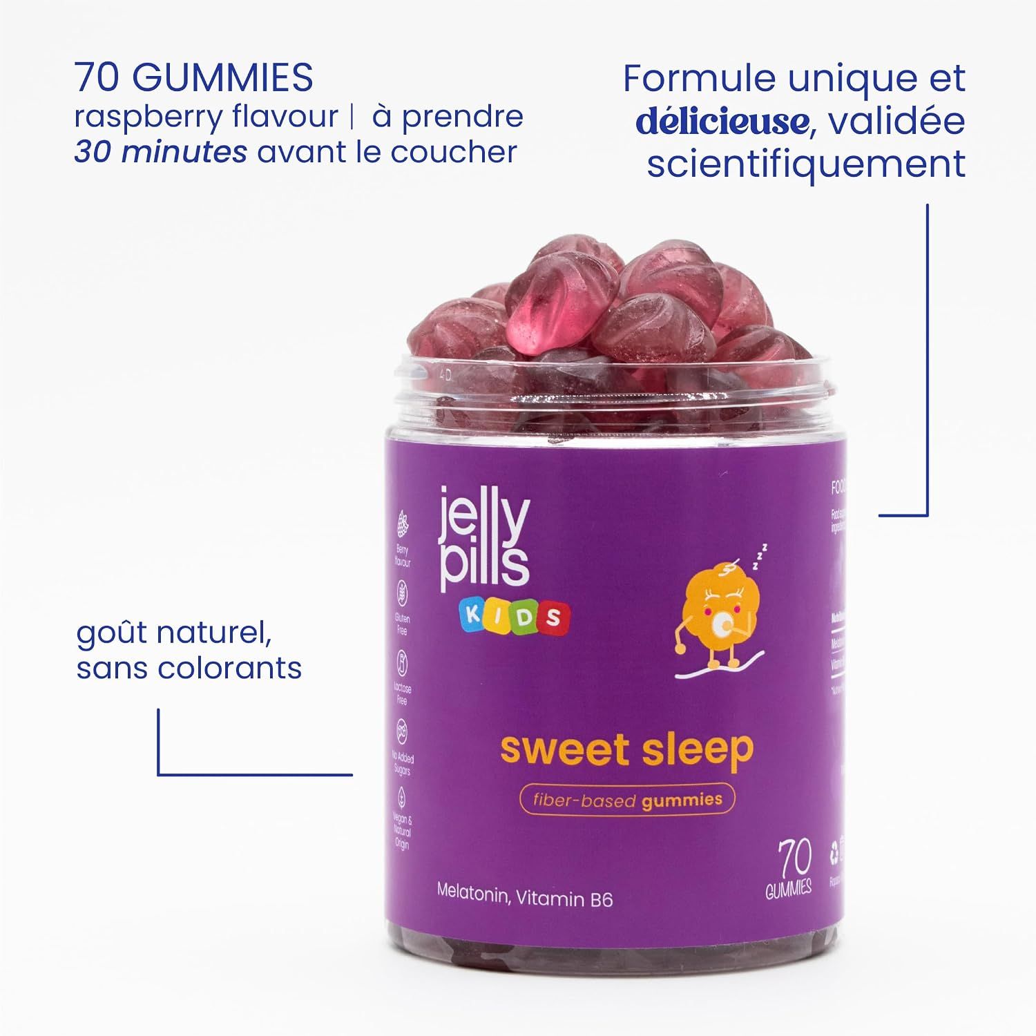 Un pot de Jelly Pills Sweet Sleep Kinder Gummies rempli de gommes violettes.