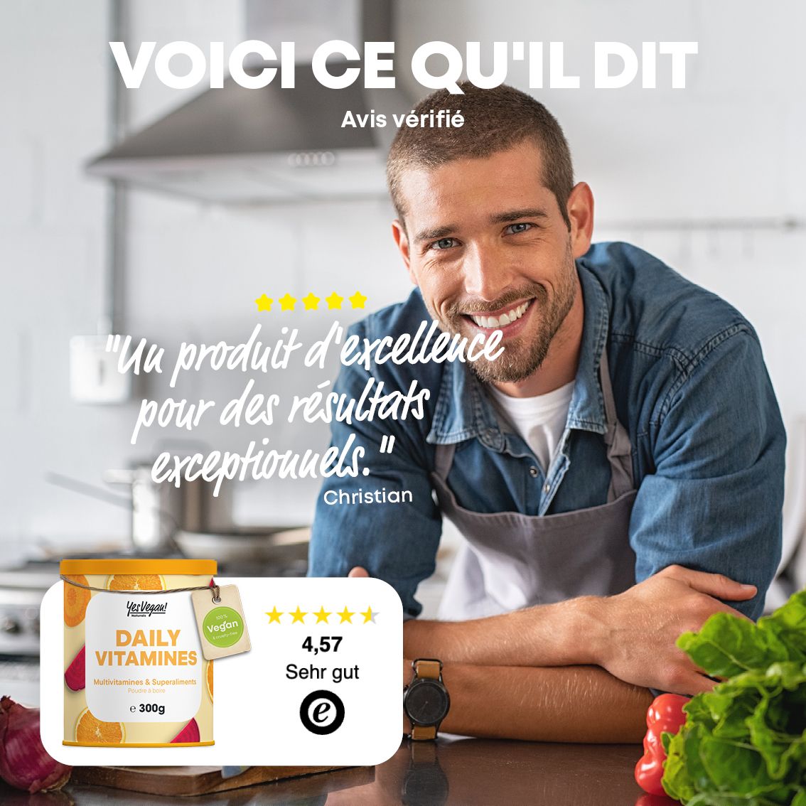 Homme souriant. Boîte de poudre de vitamines avec inscription Daily Vitamins & Minerals. Évaluation 4,57.
