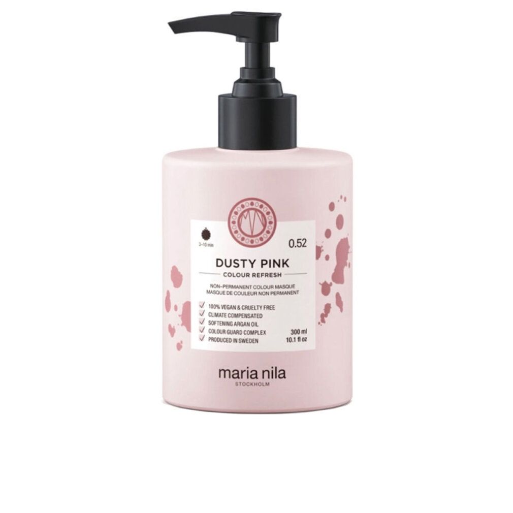 Flacon rose avec pompe noire. Inscription: DUSTY PINK COLOUR REFRESH. Marque: MARIA NILA.