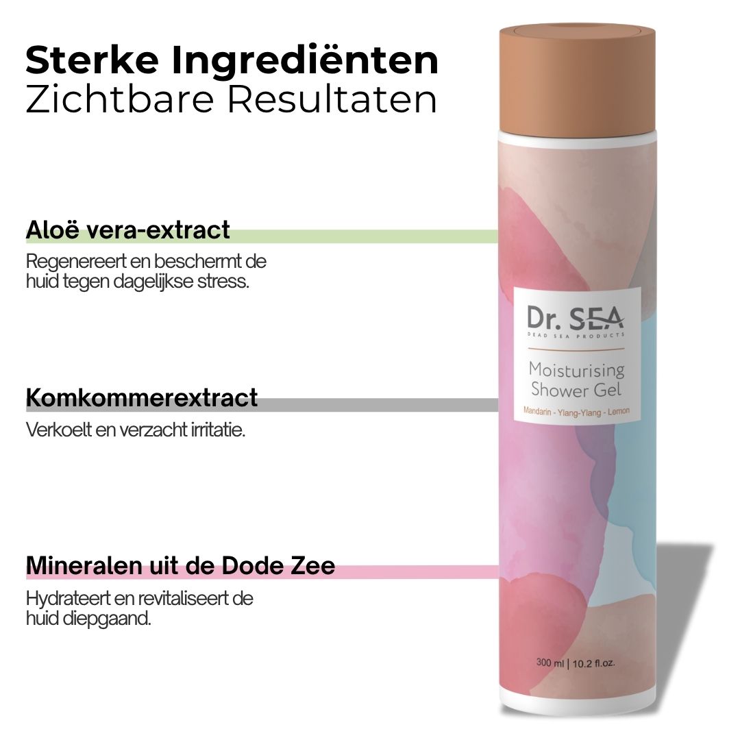 Fles met Dr. SEA, Moisturising Shower Gel. Tekst: Sterke Ingrediënten Zichtbare Resultaten. Ingrediënten en voordelen.