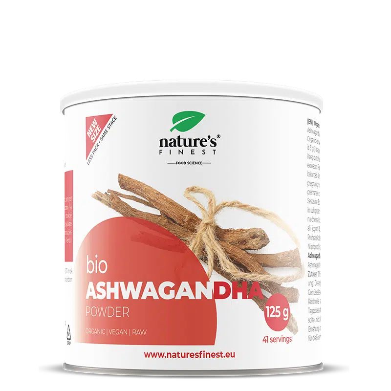 Boîte de poudre Bio Ashwagandha avec racines séchées, 125g.