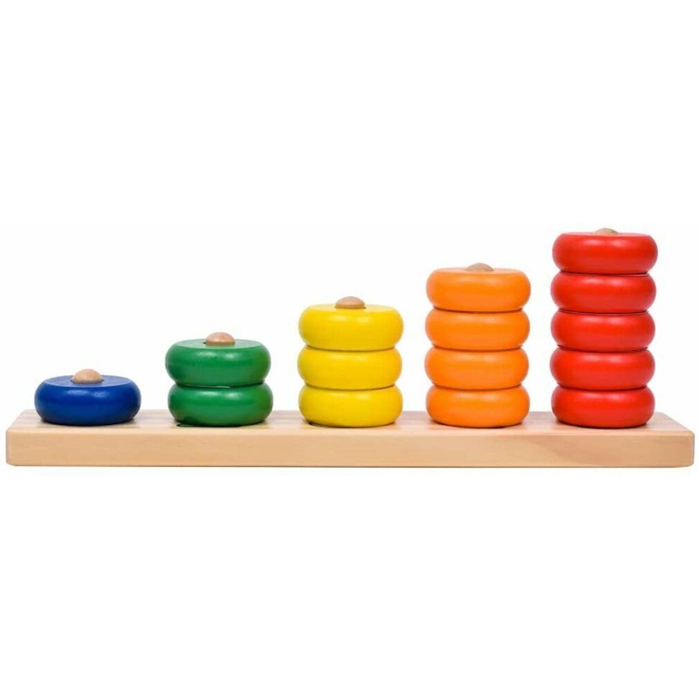 Puzzle en bois avec anneaux colorés sur planche. Anneaux: bleu, vert, jaune, orange, rouge. Pas de chiffres.