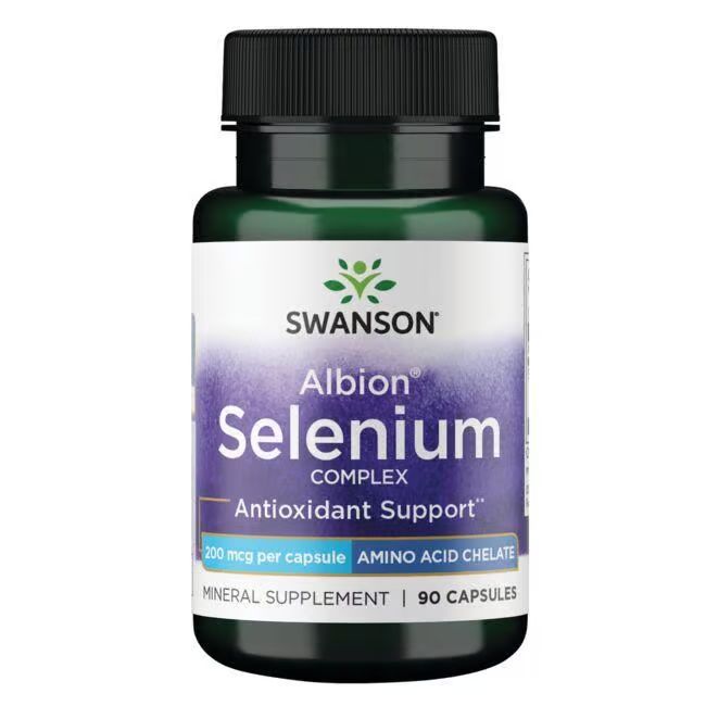 Groene fles met zwarte dop. Label met "SWANSON", "Albion Selenium Complex", "90 capsules" en "200 mcg".