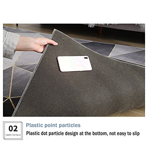 Tapis à motifs géométriques. Le dessous montre une structure pointillée. Texte : "Plastic point particles".