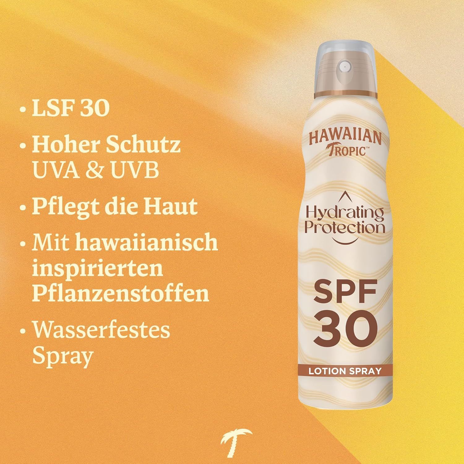 Kenmerken: SPF 30, hoge UVA & UVB bescherming, hydrateert de huid, tropische ingrediënten, waterbestendige spray.