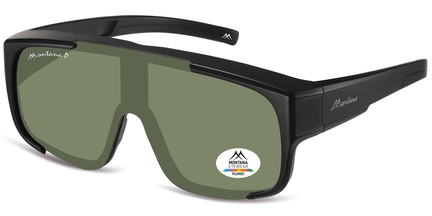 Surlunettes noires avec verres verts. Logo Montana Eyewear et autocollant Polarized. Vue latérale.