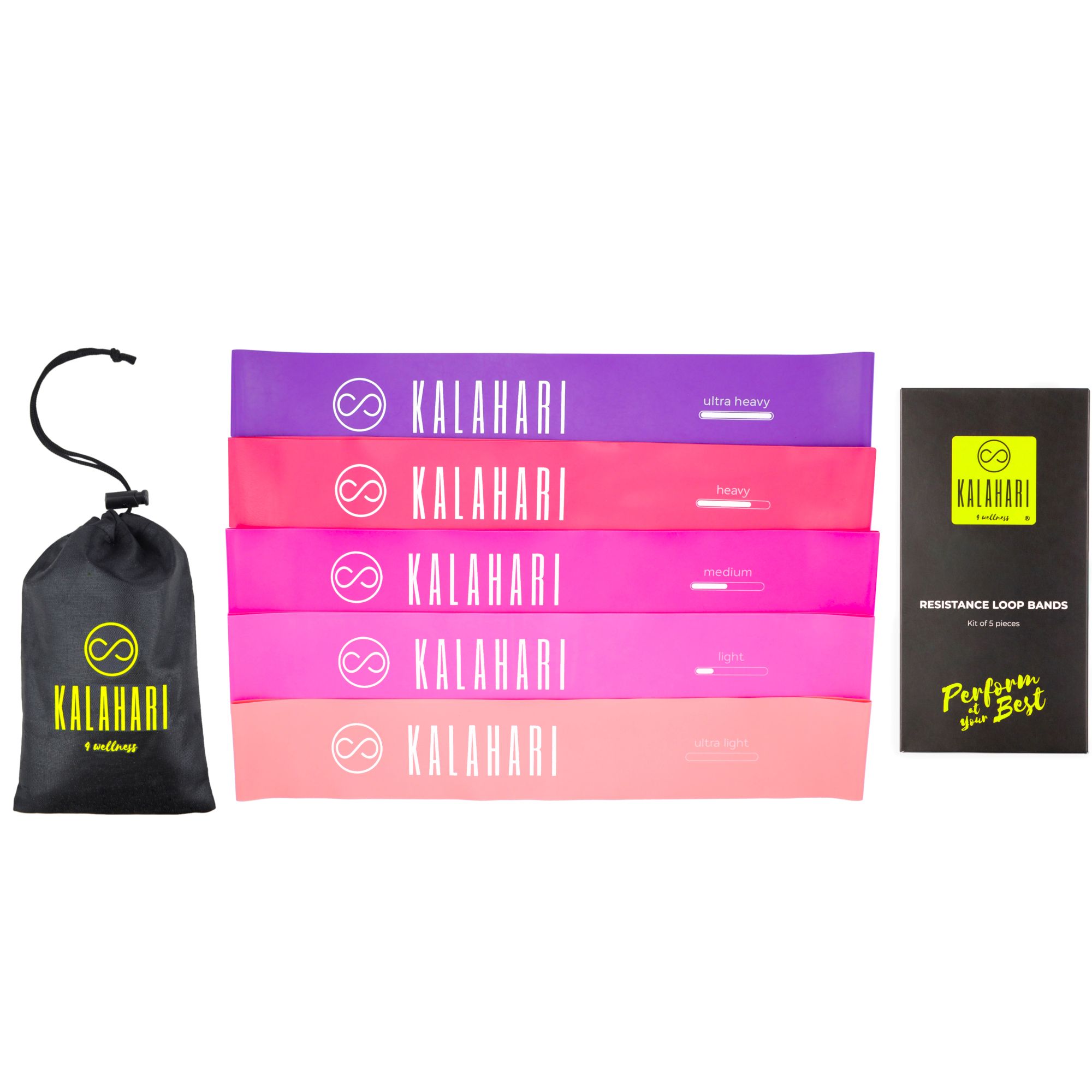 Cinq bandes de fitness KALAHARI, sac noir, boîte noire avec nom du produit et logo.