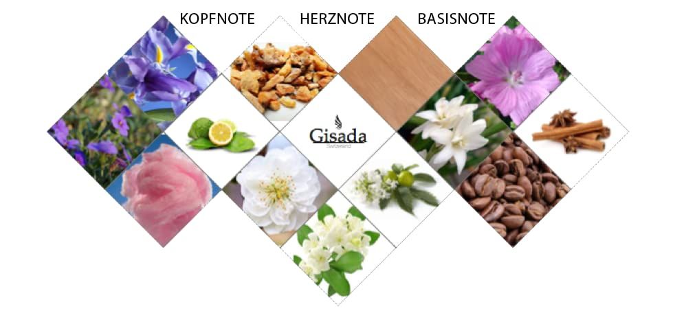 Collage van irissen, suikerspin, citroenen, noten, hout, witte bloemen, koffiebonen, kaneel en lavendel. "Gisada" logo in het midden.