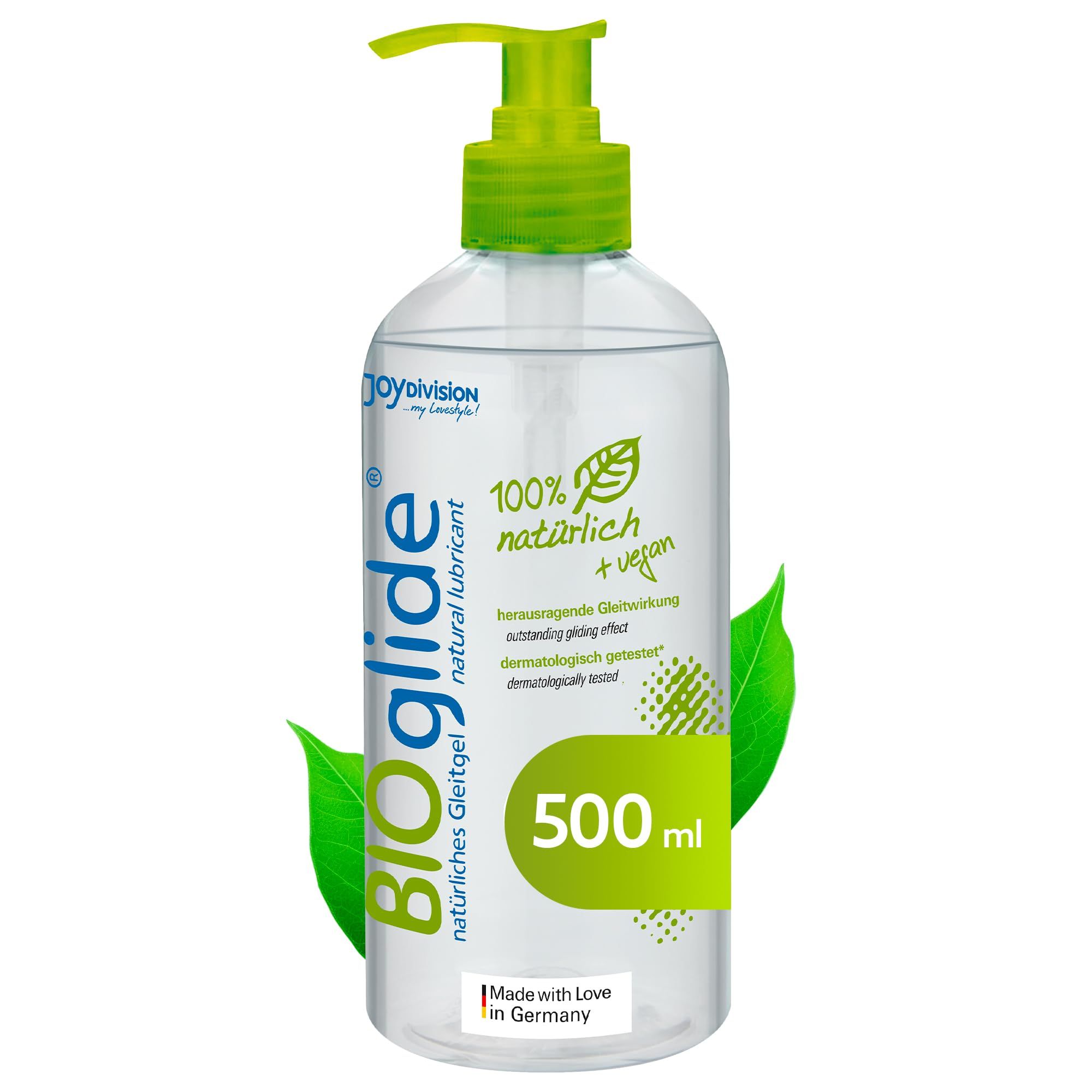 BIOglide glijmiddel in doorzichtige fles met groene pompdos. 500ml.