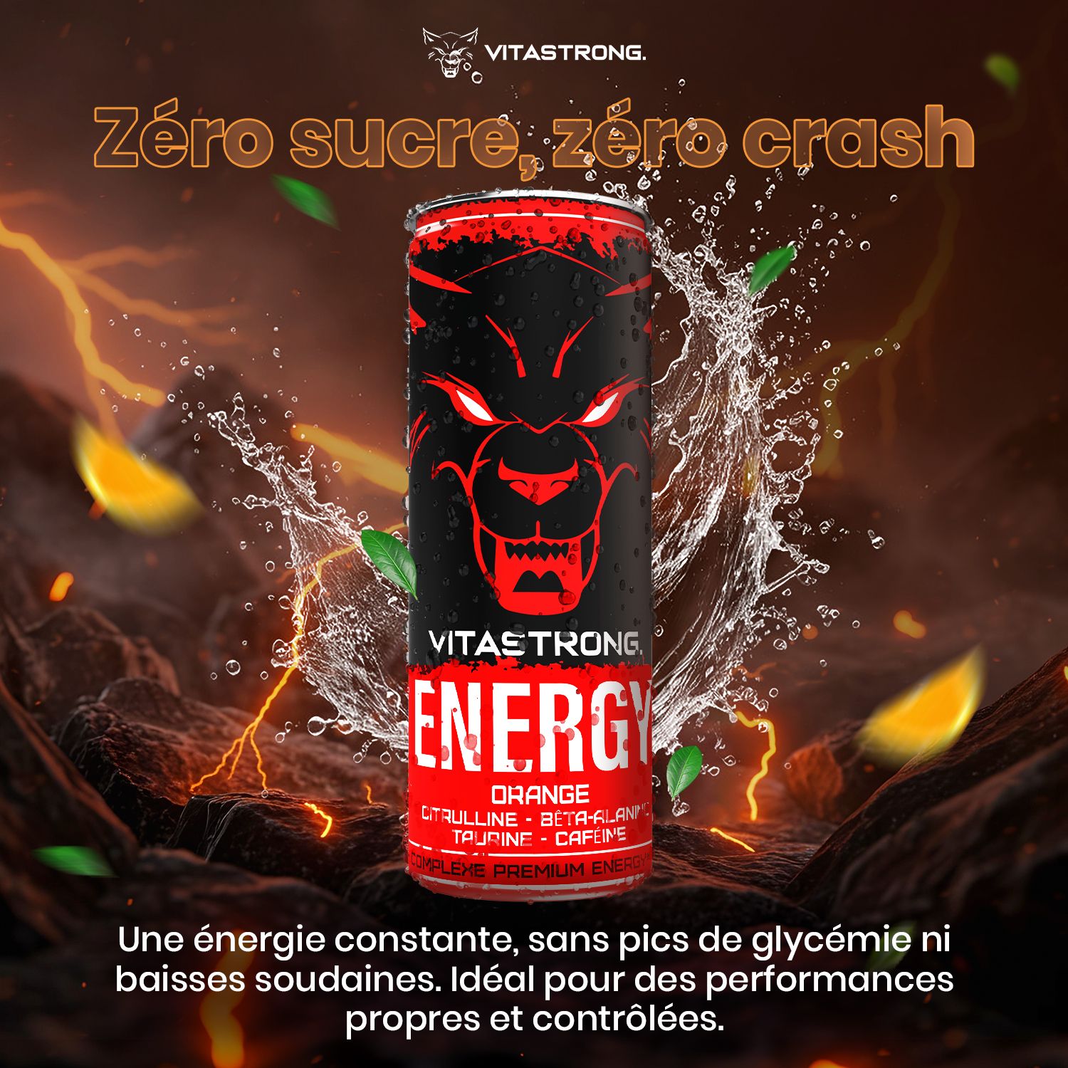 Vitastrong Energy Orange blikje. Afbeelding met water en sinaasappelschijfjes. Tekst: Zero suiker.