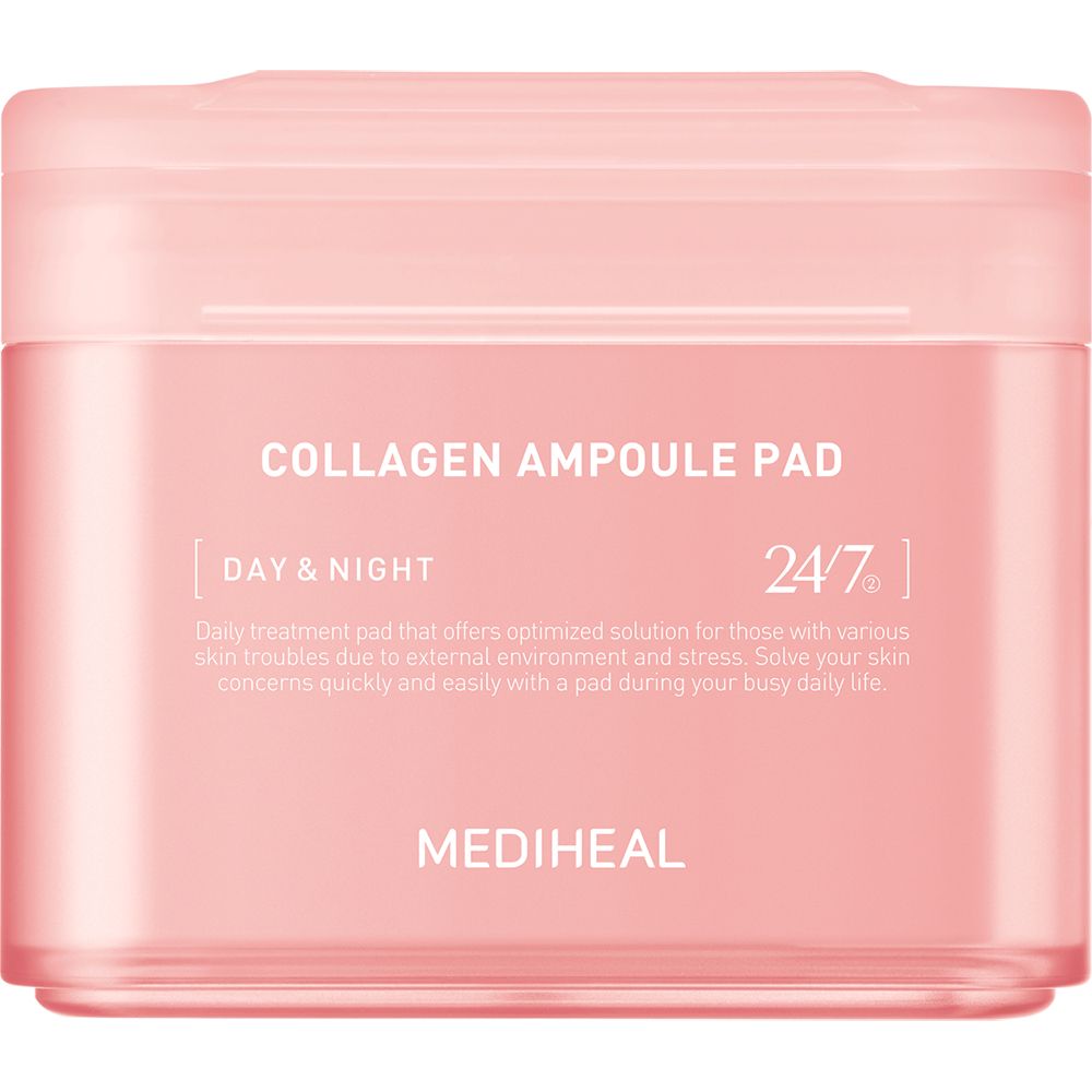Boîte rose avec texte Collagen Ampoule Pad, Day & Night, 24/7 et MEDIHEAL. Texte descriptif en dessous.