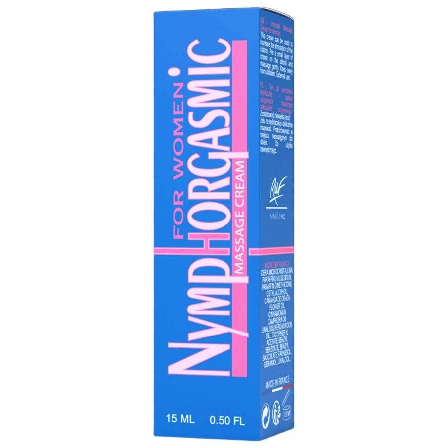 Blauwe kartonnen doos met roze en witte belettering.