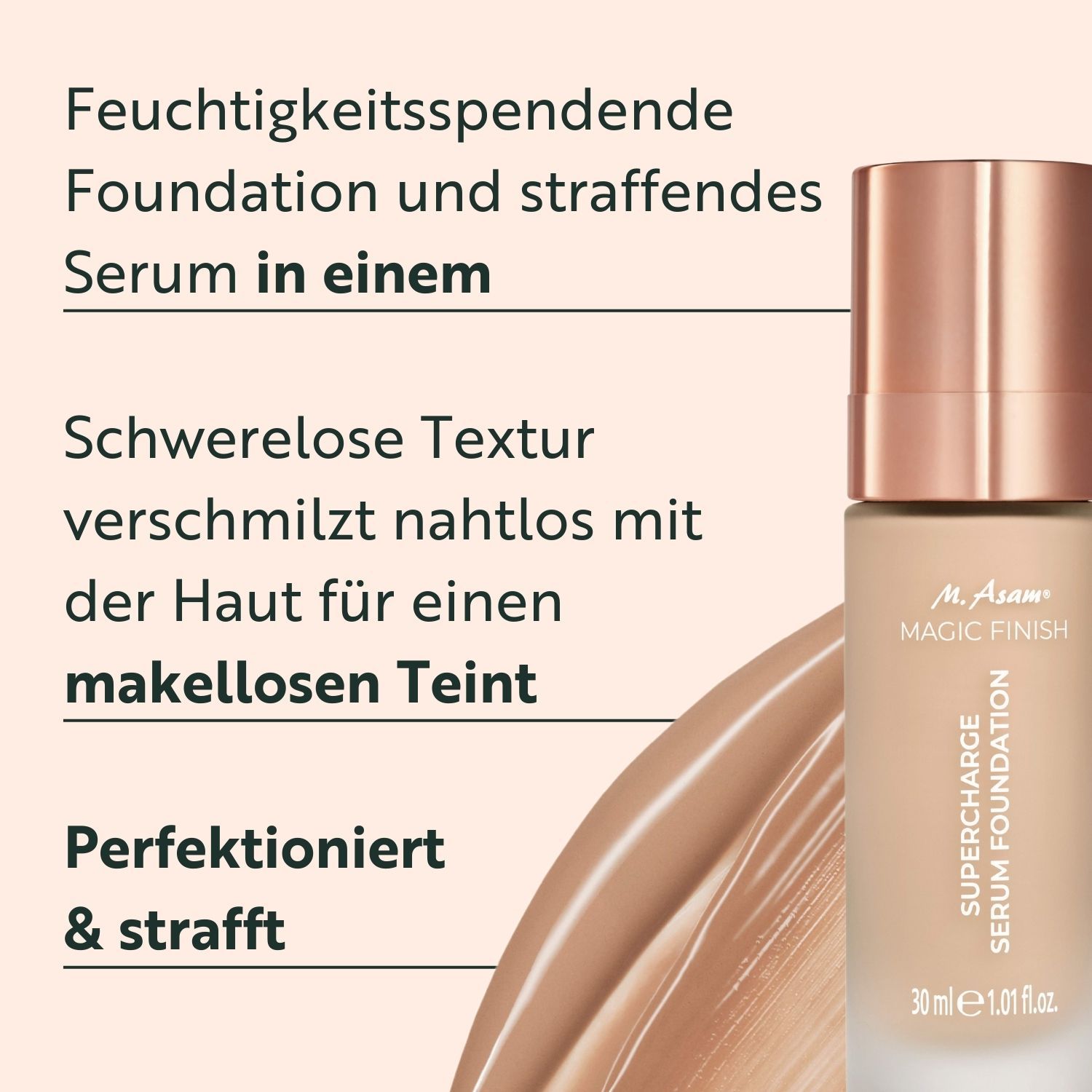 Texte avec informations sur le produit. Fond de teint hydratant et sérum raffermissant. Texture légère. Perfectionne et raffermit.