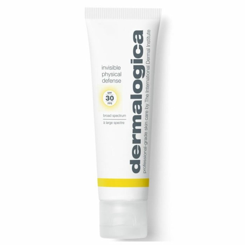 Tube blanc avec bande jaune. Texte: Invisible Physical Defense, SPF 30, Dermalogica. Inscription: broad spectrum & large spectre.