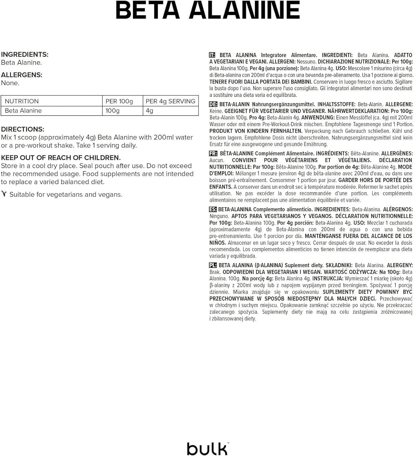 Texte sur fond blanc. Contient des informations sur les ingrédients, les allergènes, les valeurs nutritionnelles et l'utilisation de la bêta-alanine.