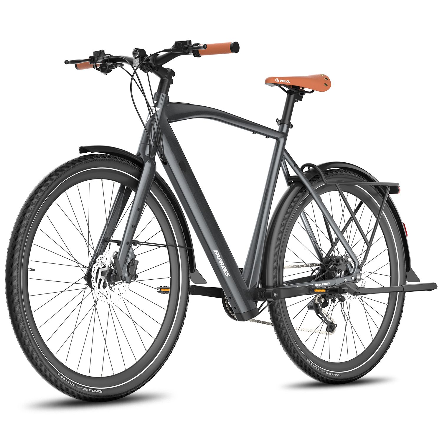 Vélo électrique gris avec selle marron et poignées orange. Pneus noirs, garde-boue. Logo FAFREES.
