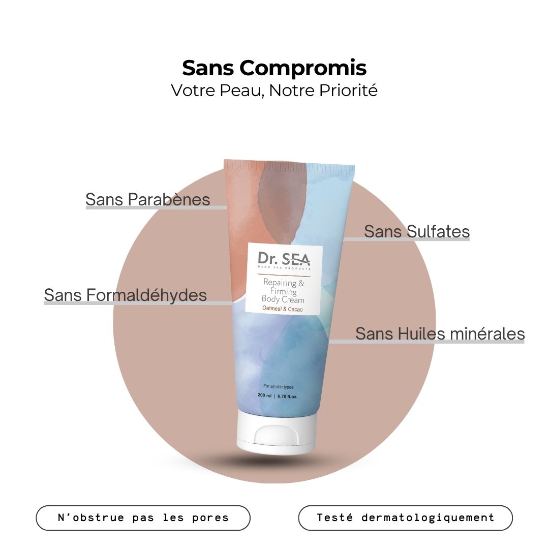 Tube "Dr. SEA" avec texte. Texte: Sans parabènes, sulfates, formaldéhydes, huiles minérales. Testé dermatologiquement.