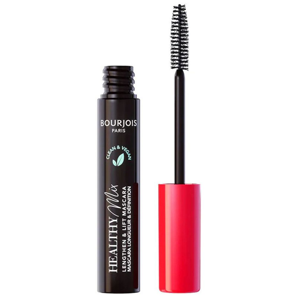 Tube de mascara avec brosse. Tube noir, bouchon rouge. Inscription : Bourjois Paris, Healthy Mix.