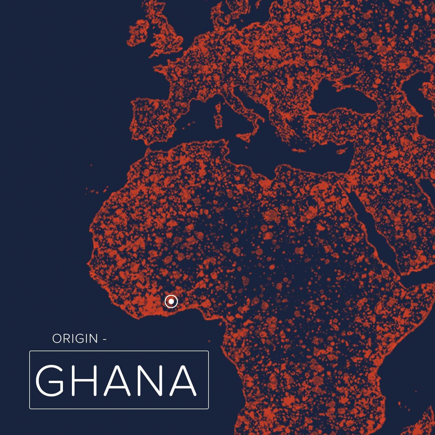 Carte de l'Afrique et de l'Europe avec des points rouges. Texte : 'ORIGIN - GHANA'.