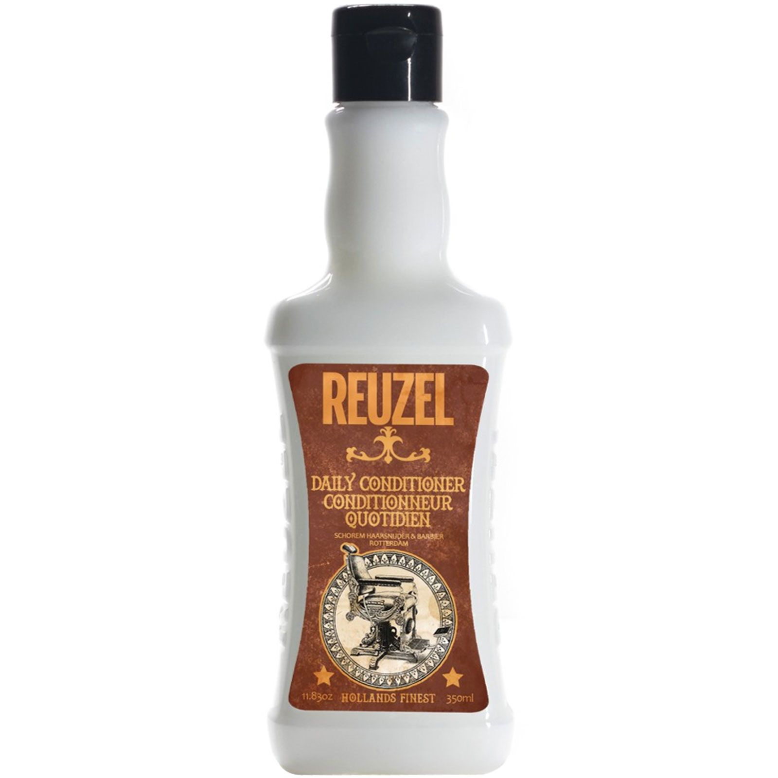 Reuzel dagelijkse conditioner in witte fles met bruin etiket en zwarte dop.