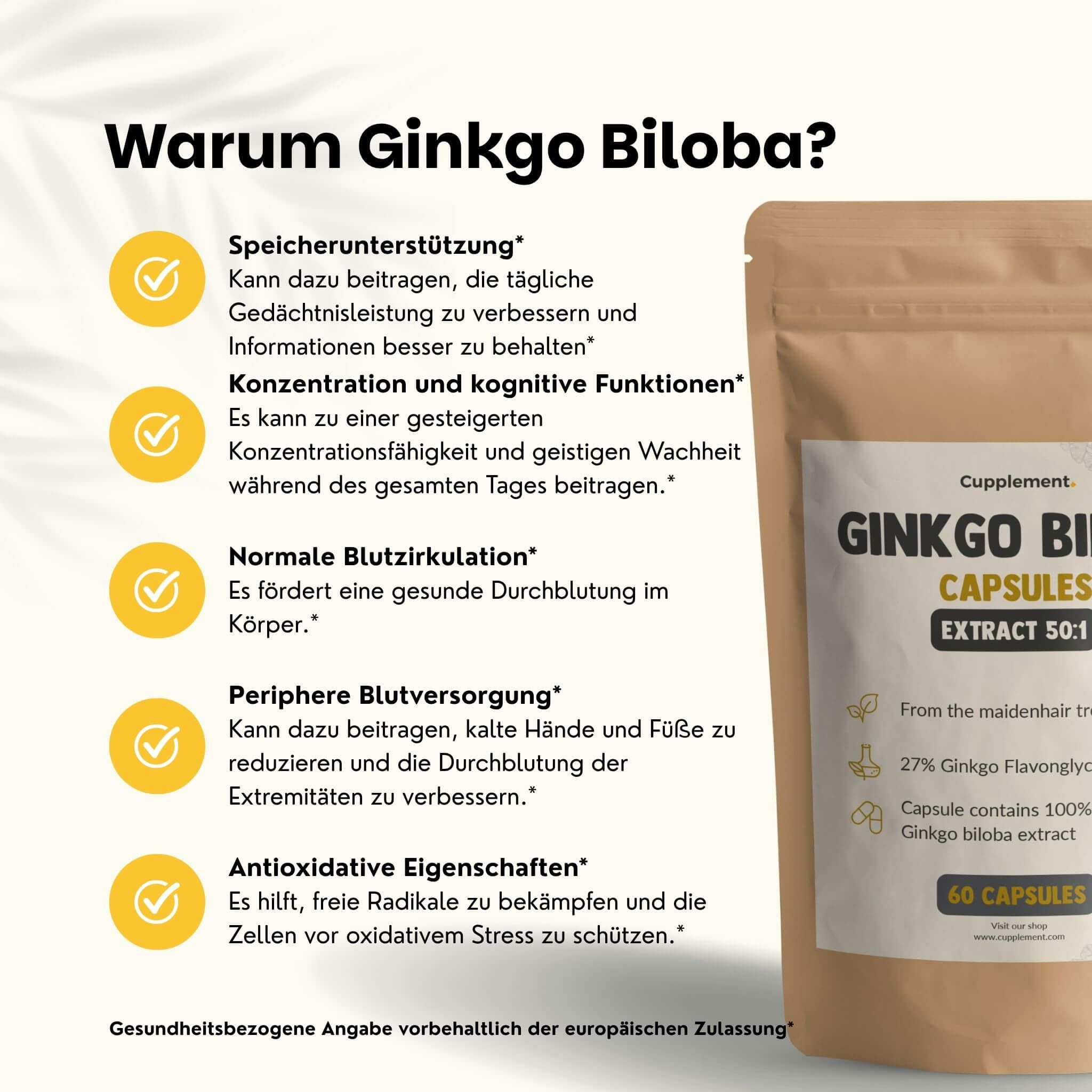 Gélules de Ginkgo Biloba dans un emballage debout brun avec des informations sur la mémoire, la concentration et la circulation.