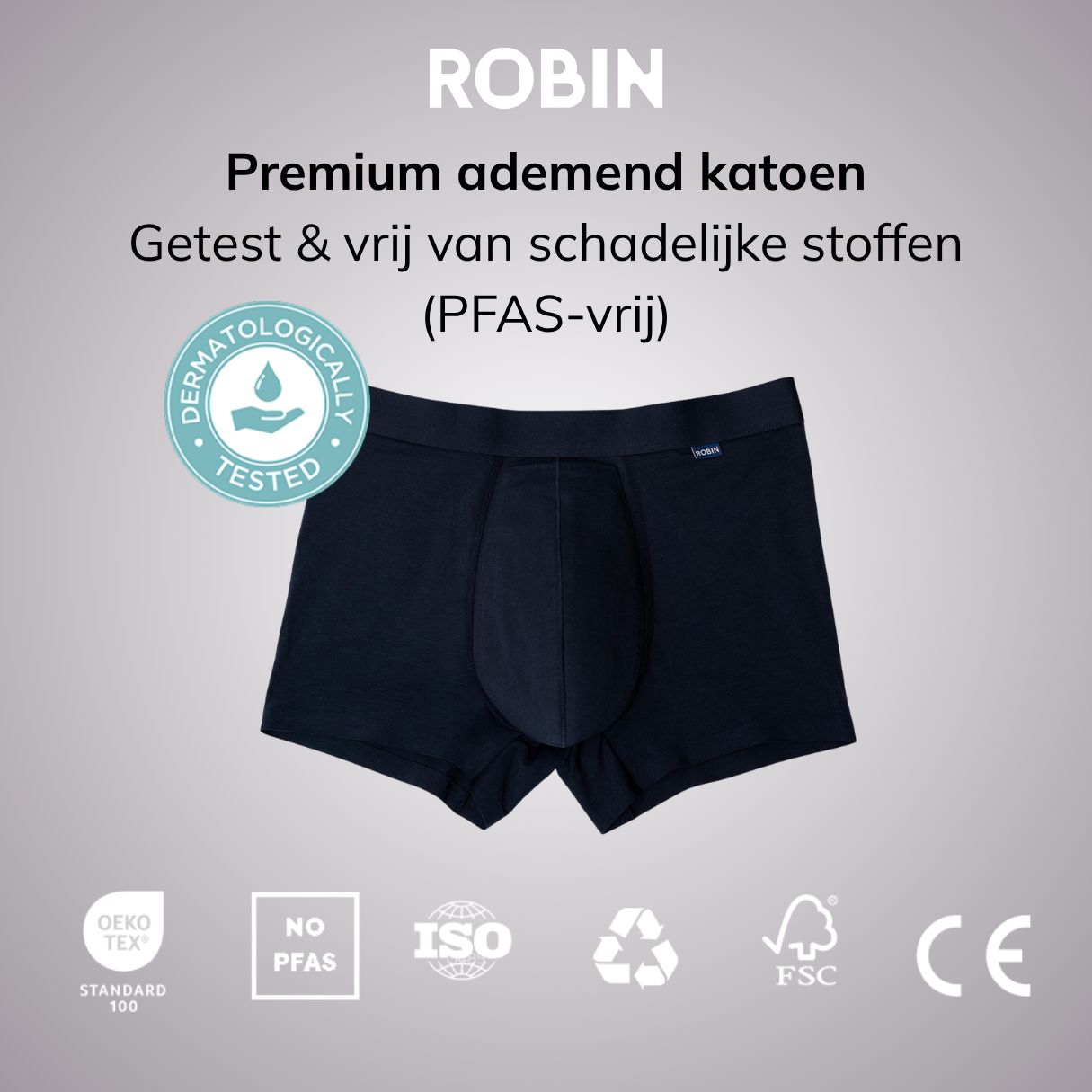 Donkerblauwe herenboxer van ademend katoen. Dermatologisch getest, PFAS-vrij.