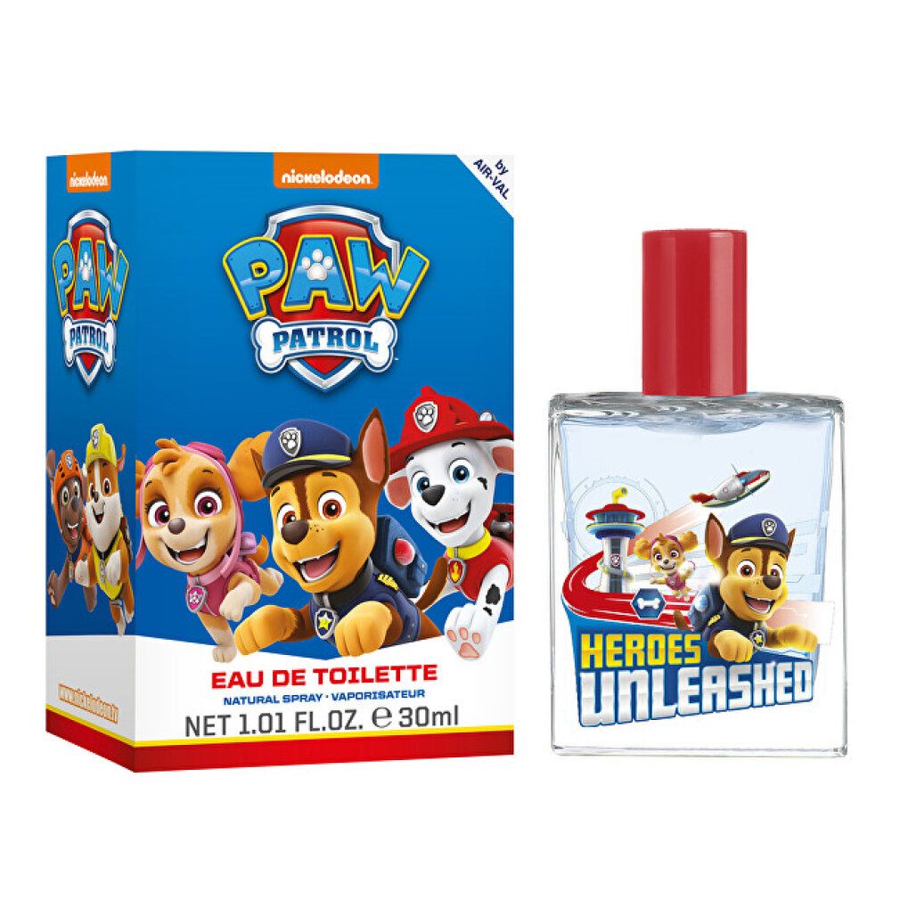 Emballage et flacon. Emballage avec personnages Paw Patrol et texte. Flacon avec motif Paw Patrol et 'Heroes Unleashed'.