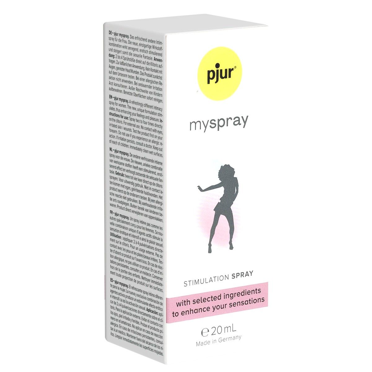 Witte verpakking met productinfo. Logo pjur, tekst myspray, illustratie vrouw. Tekst: Stimulation Spray, met ingrediënten voor sensaties.