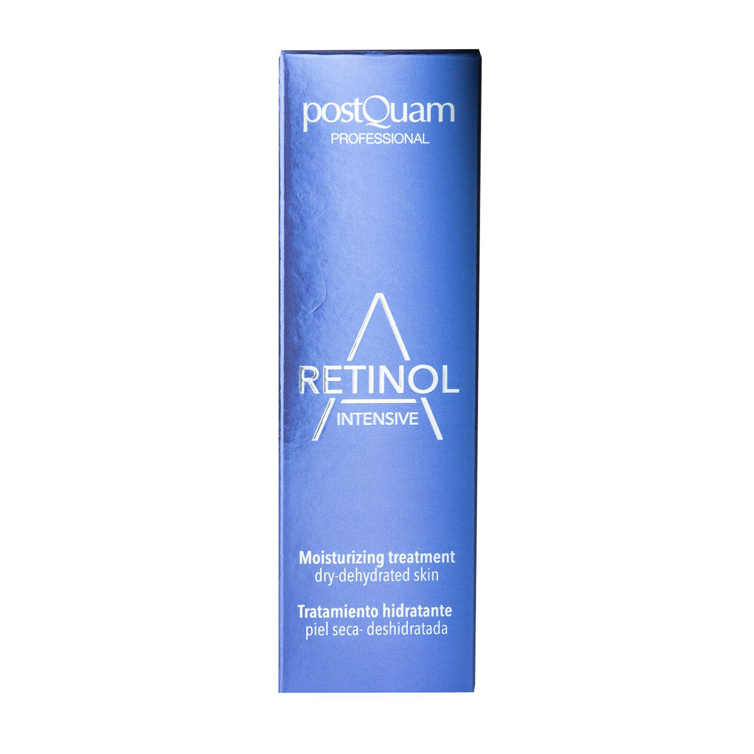 Blauwe doos. Opschrift: Retinol Intensive, Postquam Professional. Hydraterende behandeling voor droge huid.