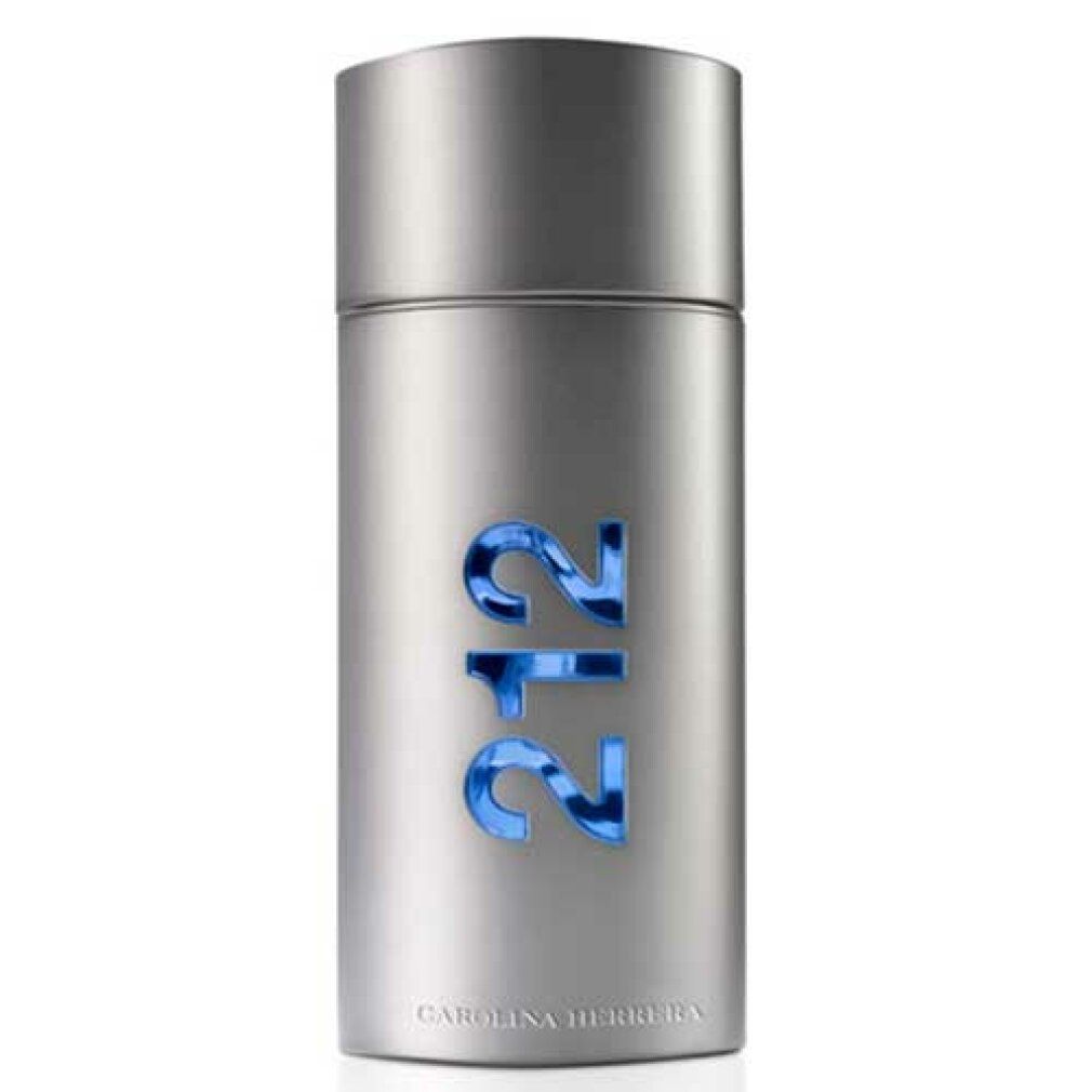 Flacon de parfum argenté avec l'inscription bleue "212" et "Carolina Herrera" en dessous.