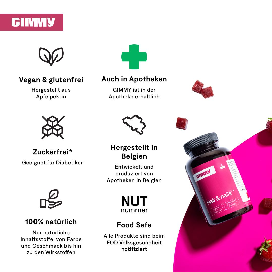 GIMMY Hair & nails Gummies. Bouteille avec gommes rouges et icônes : végétalien, sans gluten, sans sucre, 100% naturel, disponible en pharmacie.