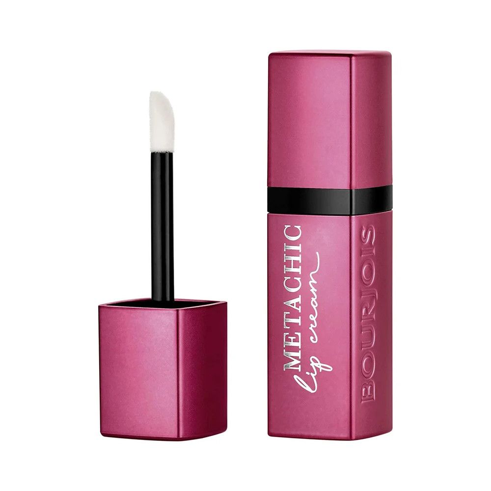 Flacon de crème à lèvres avec applicateur. Boîtier rose métallisé, bague noire. Inscription : Metachic lip cream, Bourjois.