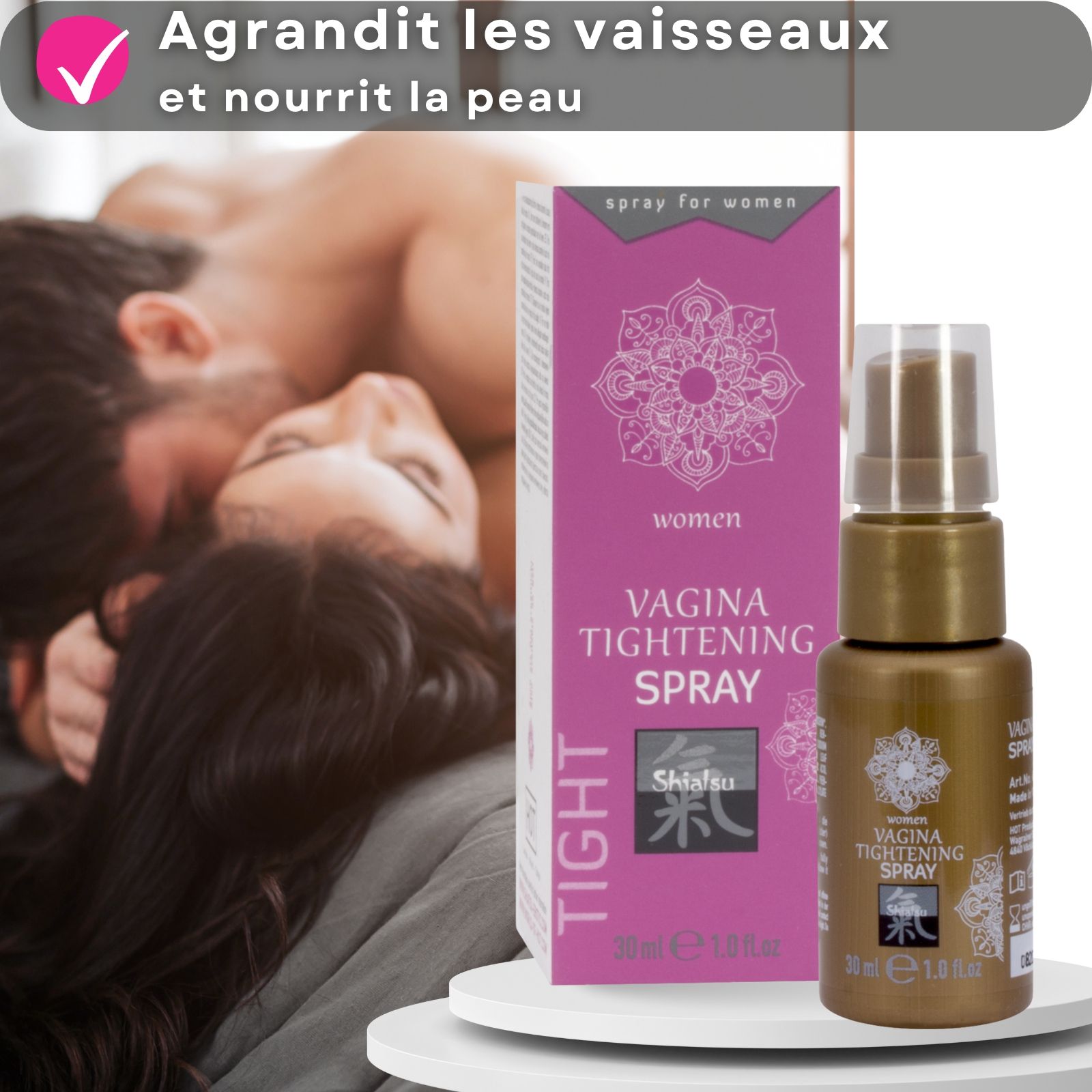 Flacon spray doré et emballage. Texte : Vagina Tightening Spray. 30ml. Avec un couple.