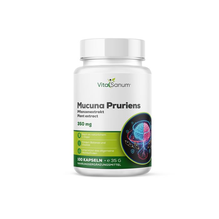 Witte fles VitaSanum® Mucuna Pruriens capsules. Groen-wit etiket met productinformatie en illustratie.