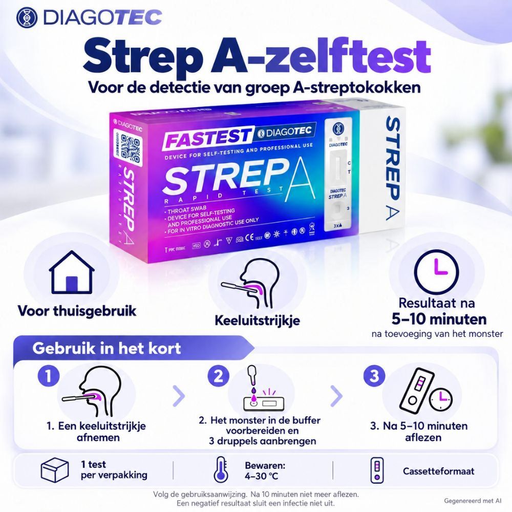 Verpakking van een sneltest voor groep A streptokokken voor thuisgebruik.